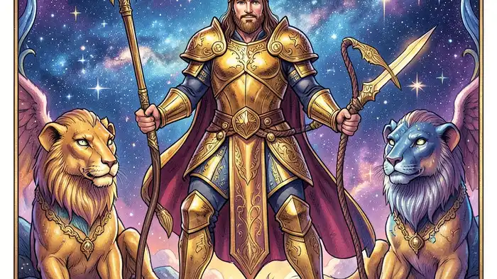 Аркан Колесница — изображение карты Таро с воином и сфинксами