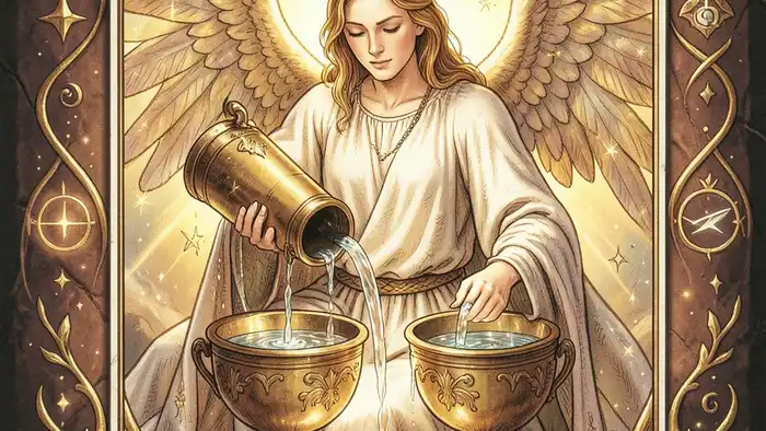 Аркан Умеренность карта Таро, ангел, чаши, золотой свет