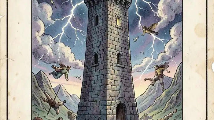 Башня архетип таро — изображение карты Таро с молнией и падающими фигурами