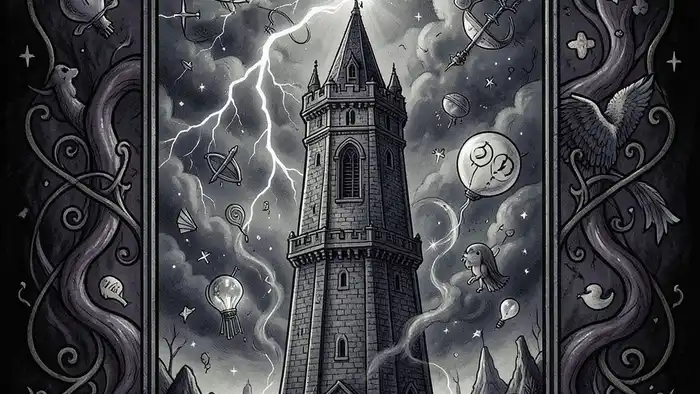 Башня чувства таро — изображение карты с молнией и эмоциональными символами