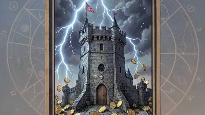 Башня на деньги таро — изображение карты с молнией и разбросанными монетами