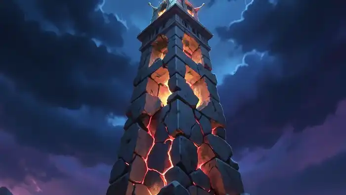 Башня перевернутая Таро — мистический образ аркана с трещинами и внутренним свечением, символизирующий затяжной кризис и трансформацию.