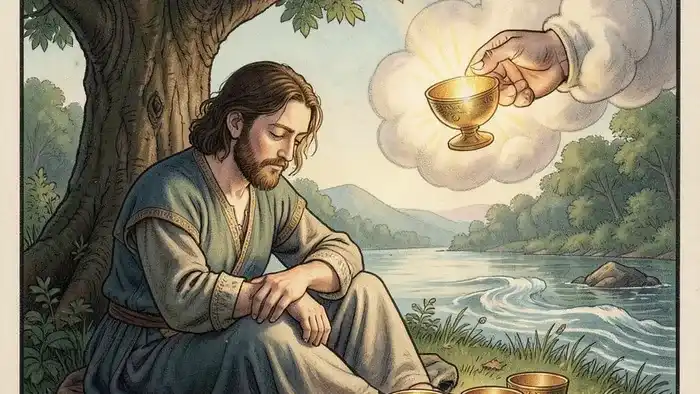 Четверка Кубков Таро: человек в раздумьях отвергает три кубка, не замечая четвертый, предлагаемый рукой из облака