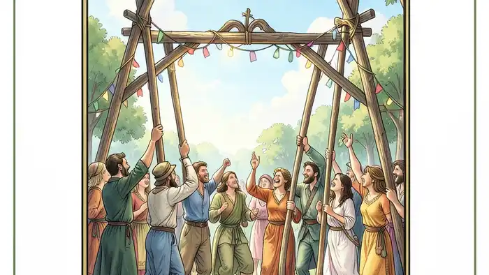 Четверка Жезлов карта дня таро — изображение праздничной арки под четырьмя жезлами