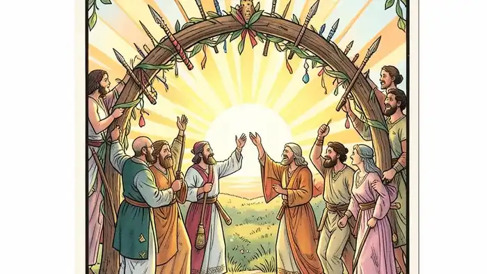 Четверка Жезлов на здоровье — изображение карты с аркой из жезлов и солнечным светом