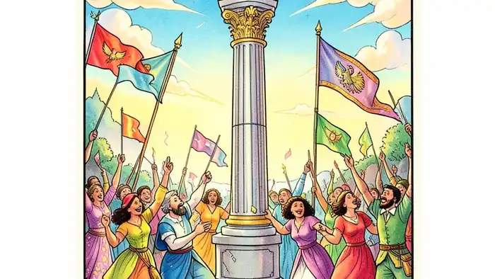 Четверка Жезлов — иллюстрация карты Таро с праздничной сценой