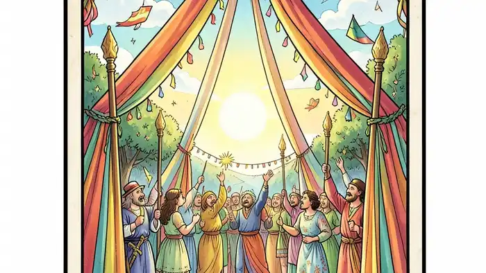 Четверка Жезлов — изображение карты Таро с праздничной сценой