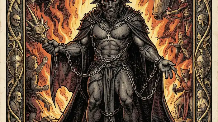 Дьявол личность таро — иллюстрация карты с символикой цепей и огня