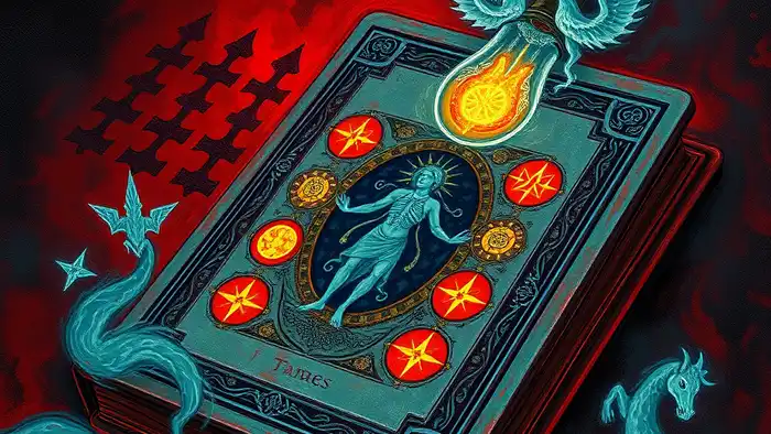 Дьявол перевернутый таро иллюстрация с разорванными цепями и светом