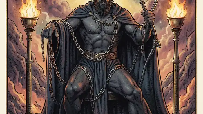 Дьявол предостережение таро — иллюстрация карты с цепями, кнутом и чашей