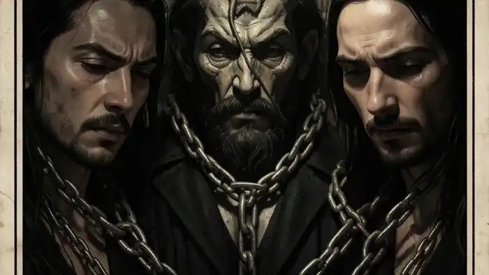 Аркан Дьявол Таро - крупный план символичных цепей и взгляда, олицетворяющих добровольную зависимость и иллюзии