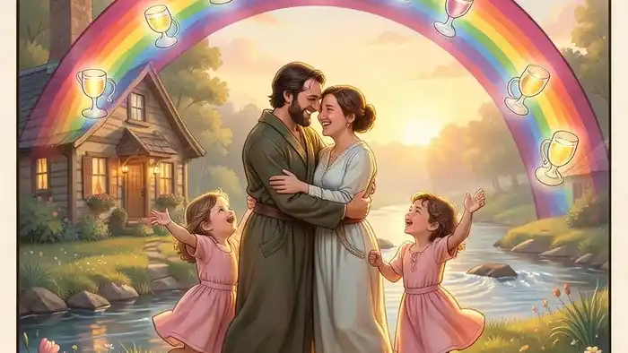 Десятка Кубков Таро: счастливая семья под радугой с десятью кубками, символ эмоциональной гармонии и завершённости.