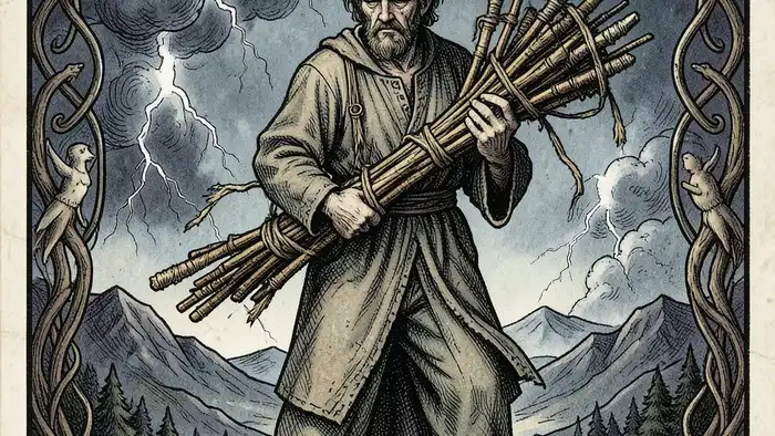 Десятка Жезлов — изображение грузного человека с жезлами, символизирующее предостережение о перегрузке