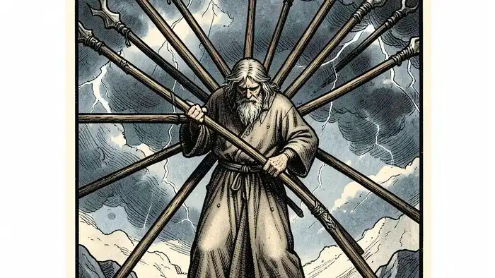 Десятка Жезлов предостережение таро — изображение тяжёлой ноши в стиле Уэйта