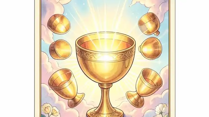 Девятка Кубков на любовь Таро — изображение карты с чашками и светом