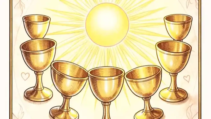 Девятка Кубков на любовь таро — изображение карты с девятью чашами и символами любви