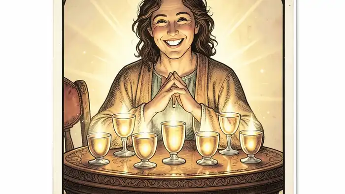 Девятка Кубков Таро изображение карты с девятью светящимися кубками