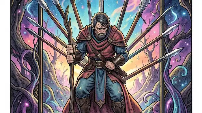 Девятка Жезнов карта Таро – изображение воина и защитного полукруга