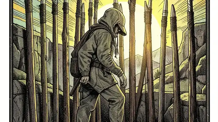 Девятка Жезнов таро — изображение карты с фигурой у стены из жезлов