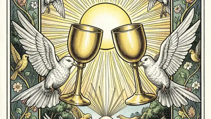 Двойка Кубков Таро — изображение двух золотых кубков с голубями и солнцем