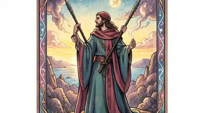 Двойка Жезлов чувства таро — изображение карты с двумя жезлами и символикой выбора