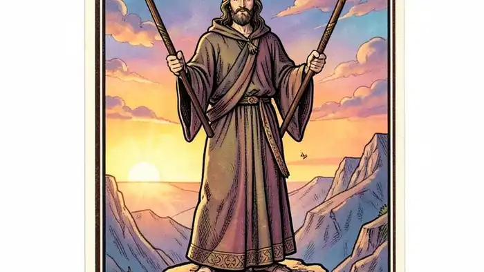 дво́йка жезлов изображе��ие карты Таро, ��имвол выбора и планирования