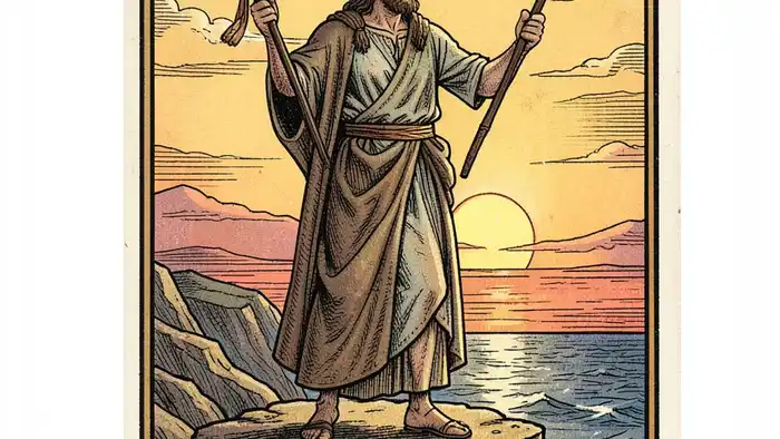 Двойка Жезлов — иллюстрация карты Таро с фигурой на скале, держащей два жезла