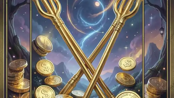 Двойка Жезлов на деньги таро изображение карты с финансовыми символами