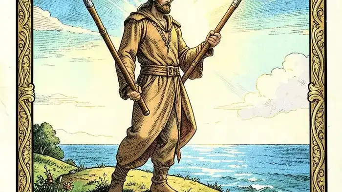 Двойка Жезлов таро изображение карты с фигурой на вершине и двумя жезлами