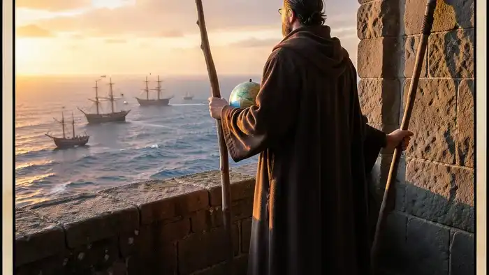 Двойка Жезлов Таро: человек на крепостной стене с жезлом и глобусом смотрит на море с кораблями, символ выбора и перспектив