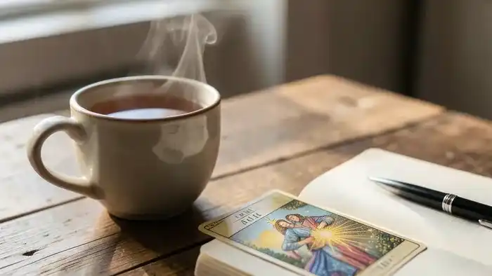 Ежедневный расклад Таро: карта Звезда на столе рядом с дневником и чашкой чая
