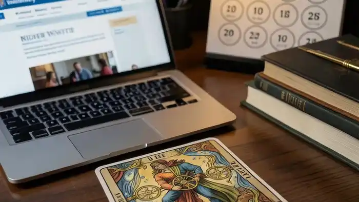 Годовой расклад Таро на магистратуру: карта Таро и атрибуты учёбы на фоне календаря