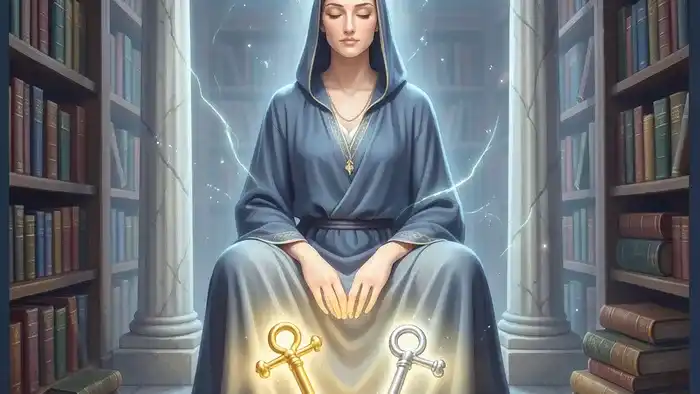 Иерофант Таро — современная иллюстрация архетипа учителя с ключами знания в библиотеке мудрости