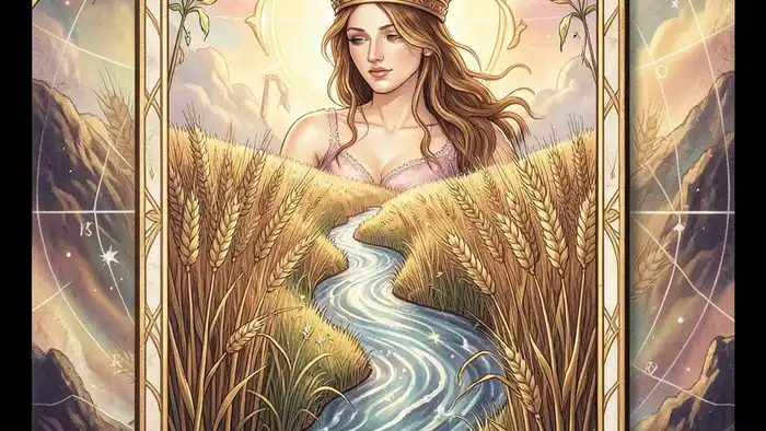 Императрица карта года таро — иллюстрация с символикой пшеницы, венка и Венеры в Тельце