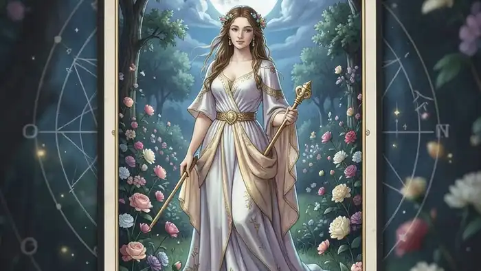 Императрица мысли таро — иллюстрация карты с садом и лунным светом