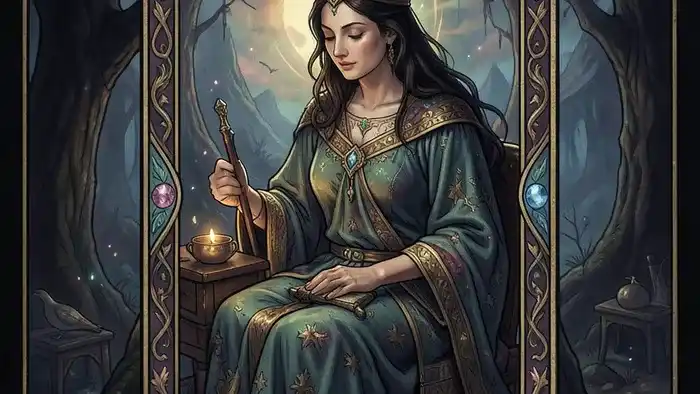 Императрица Таро — архетип творческой силы и плодородия в детализированном изображении цветущего сада