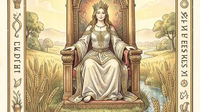 Императрица в работе таро — изображение карты с женской фигурой, полями пшеницы и рекой