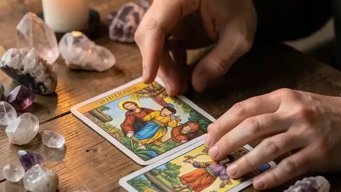 Очистка карт Таро перед раскладом: руки перетасовывают колоду на столе с кристаллами и свечой