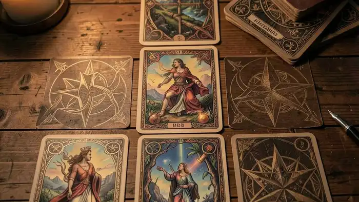 как придумать расклад изображение расклада Таро на деревянном столе