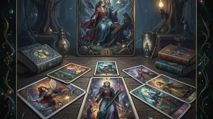 раскладывать карты на столе — схема кельтского креста Таро на деревянной поверхности с элементами ритуала