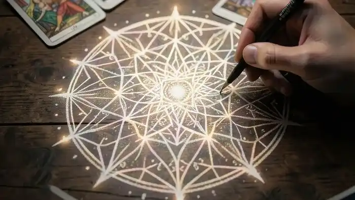 Как создать свой расклад Таро: рука рисует уникальную схему-мандалу для авторского расклада карт