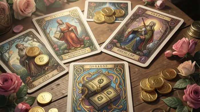 како�� расклад для д��нег лучший — изображение карт Таро, символизирующих финансовый успех