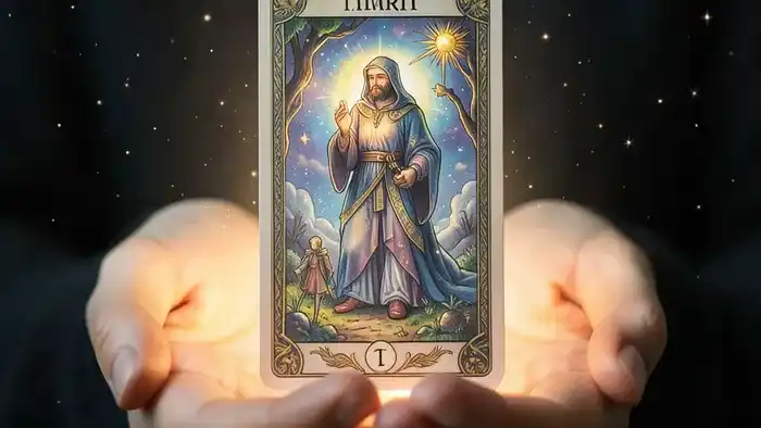 Карта Совета в раскладе Таро — рука держит светящуюся карту Отшельника как символ внутреннего руководства