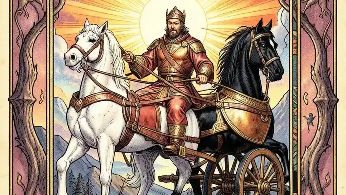 Колесница архетип таро — изображение карты Таро с водителем и двумя лошадями