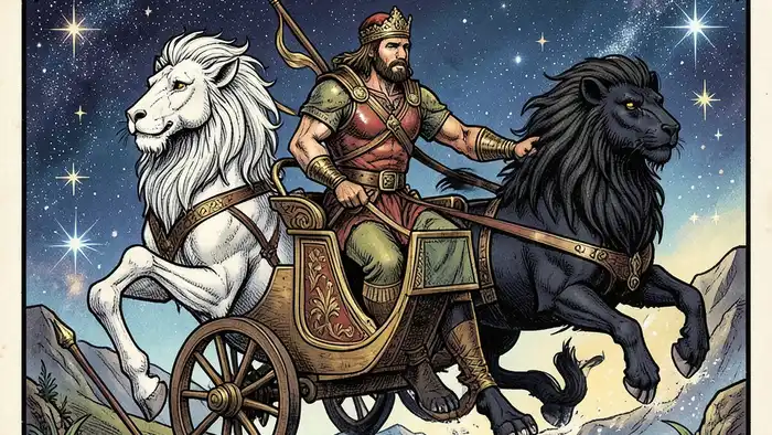 Колесница карта года таро – изображение колёс, воина и сфинксов, символизирующее движение и победу в 2024 году