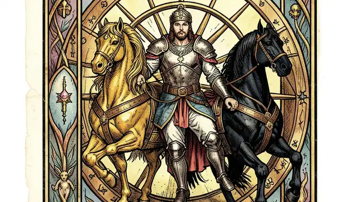 Колесница таро — иллюстрация карты с воином и лошадьми