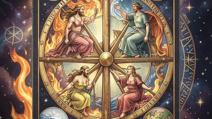 Колесо Фортуны карта дня таро — иллюстрация карты с элементами