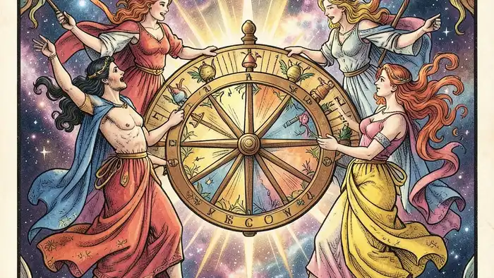 Колесо Фортуны совет таро — иллюстрация карты Таро с элементами стихий