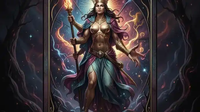 Колесо Фортуны Таро — детальное изображение карты с символами сфинкса, анубиса и тифона на фоне космоса