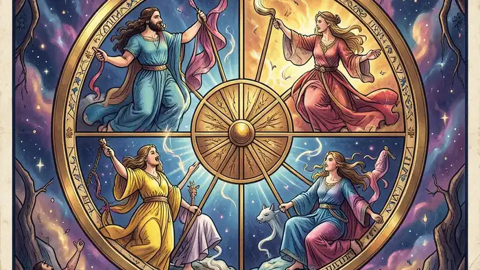 Колесо Фортуны таро значение — изображение карты с вращающимся колесом и символическими фигурами